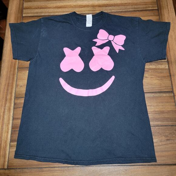 Gildan Black Tee Pink Marshmello Smile w/ Bow - Size Large - Picture 1 of 5